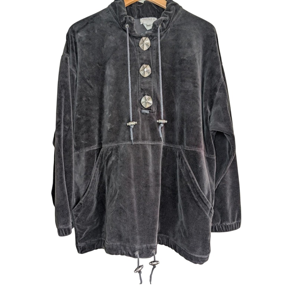 DUFFEL Sportswear Vintage Black Velour Hoodie Silver Button Pullover Womens L/XL